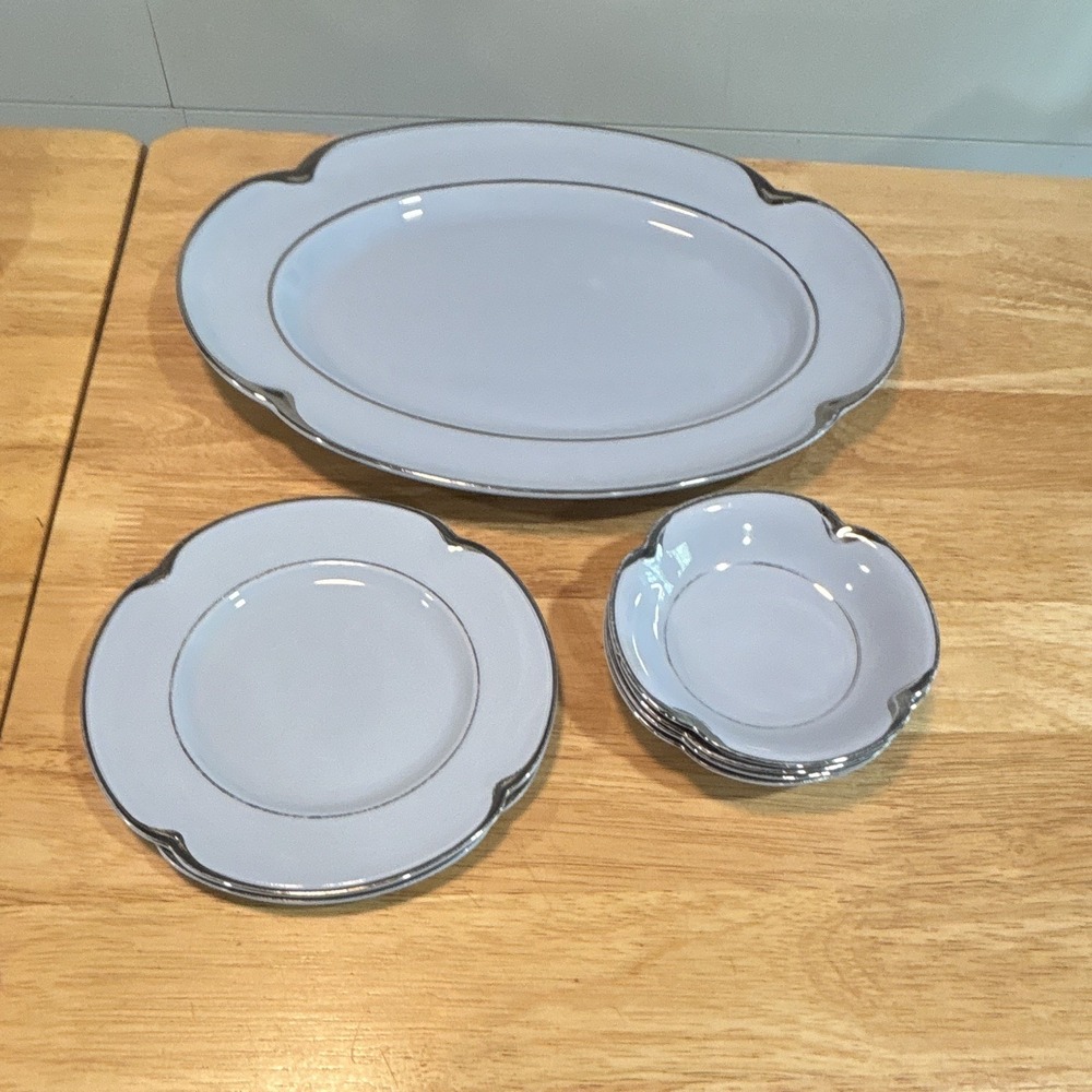 RARE 1940s Johnson Bros Greydawn Blue/Silver Rim, platter, salad plates,  bowls
